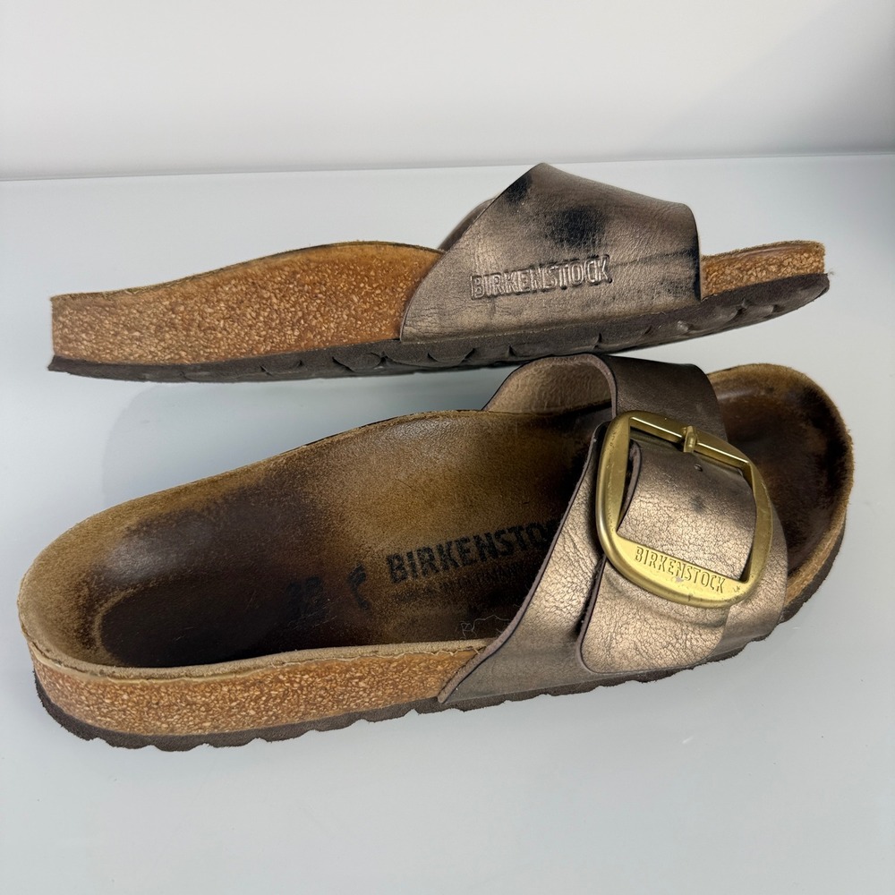 Revolve Birkenstock Madrid Big Buckle Women 38 Taupe Metallic Slide Sandal - Picture 7 of 12